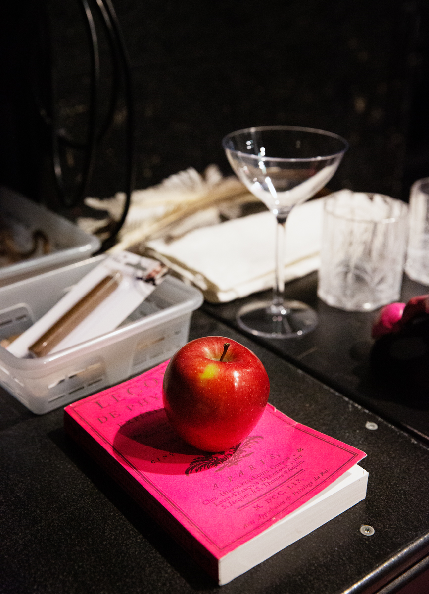 Une pomme mûre posée sur un livre de poche à la couverture rose. Derrière le livre un verre à pied.
