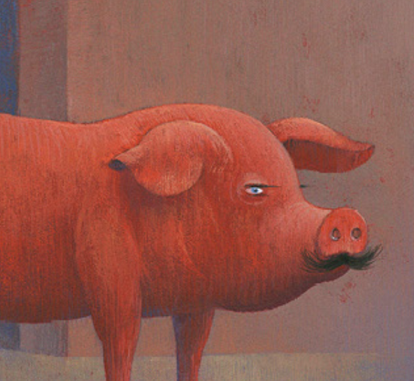 Dessin d'un cochon rose de profil dont on voit le museau. Il est agrémenté d'une petite moustache noire.