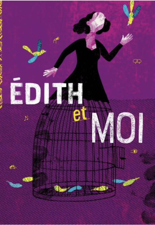 Affiche du spectacle Edith et moi : Dessin d'une femme qui porte une blouse noire et une robe en forme de cage dont la porte est ouverte. Ses bras tentent de danser ou d'attrapper les  deux oiseaux qui volent autour d'elle.