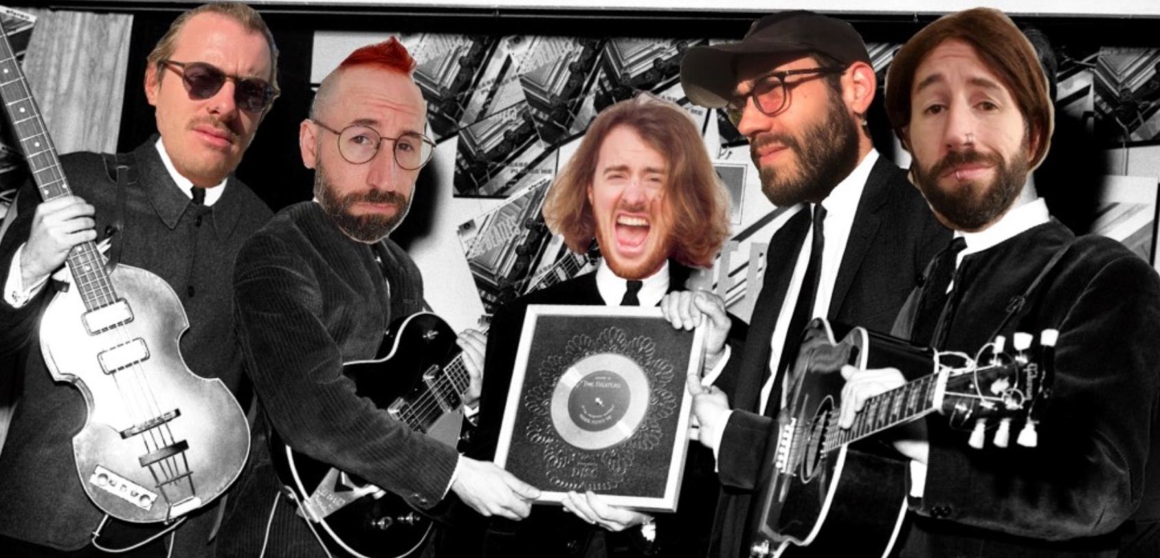 Collage d'une photo noir/blanc de musiciens tenant des guitares et un disque d'or à laquelle sont superposés des visages en couleurs de cinq hommes fiers d'eux-mêmes