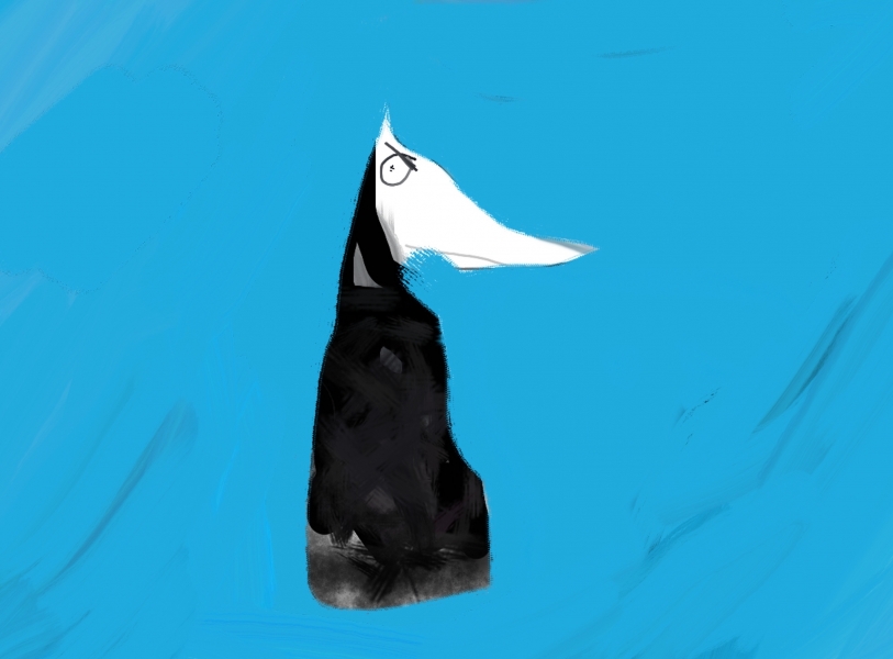 La silhouette de profil d'un loup dont le corps et noir et le visage blanc se découpe sur un fond bleu ciel. Le loup a l'air malcommode et fronce les sourcils.