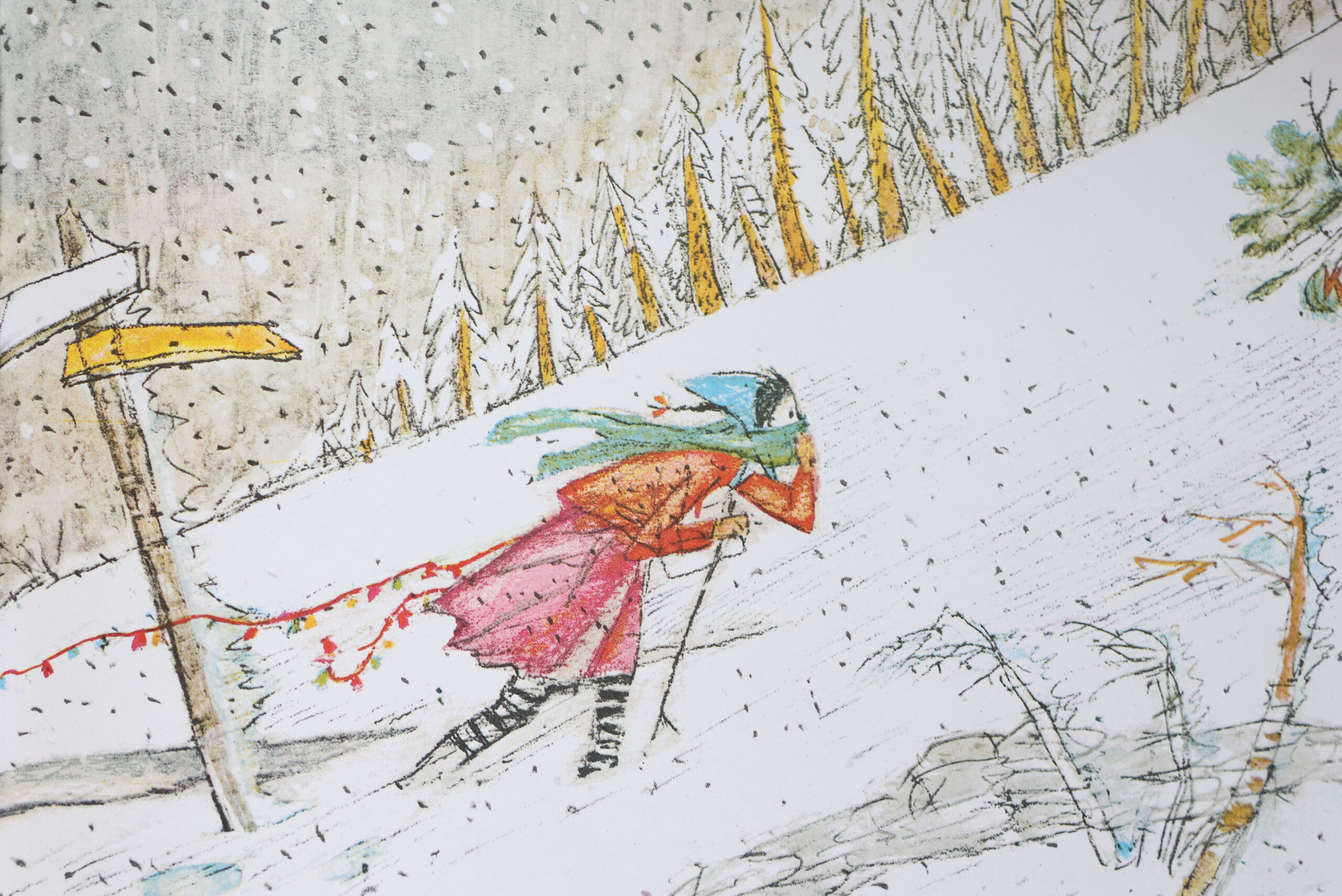 Au milieu d'un paysage enneigé, une petite fille vêtue d'habits colorés lutte pour avancer contre le vent dans une tempête de neige.