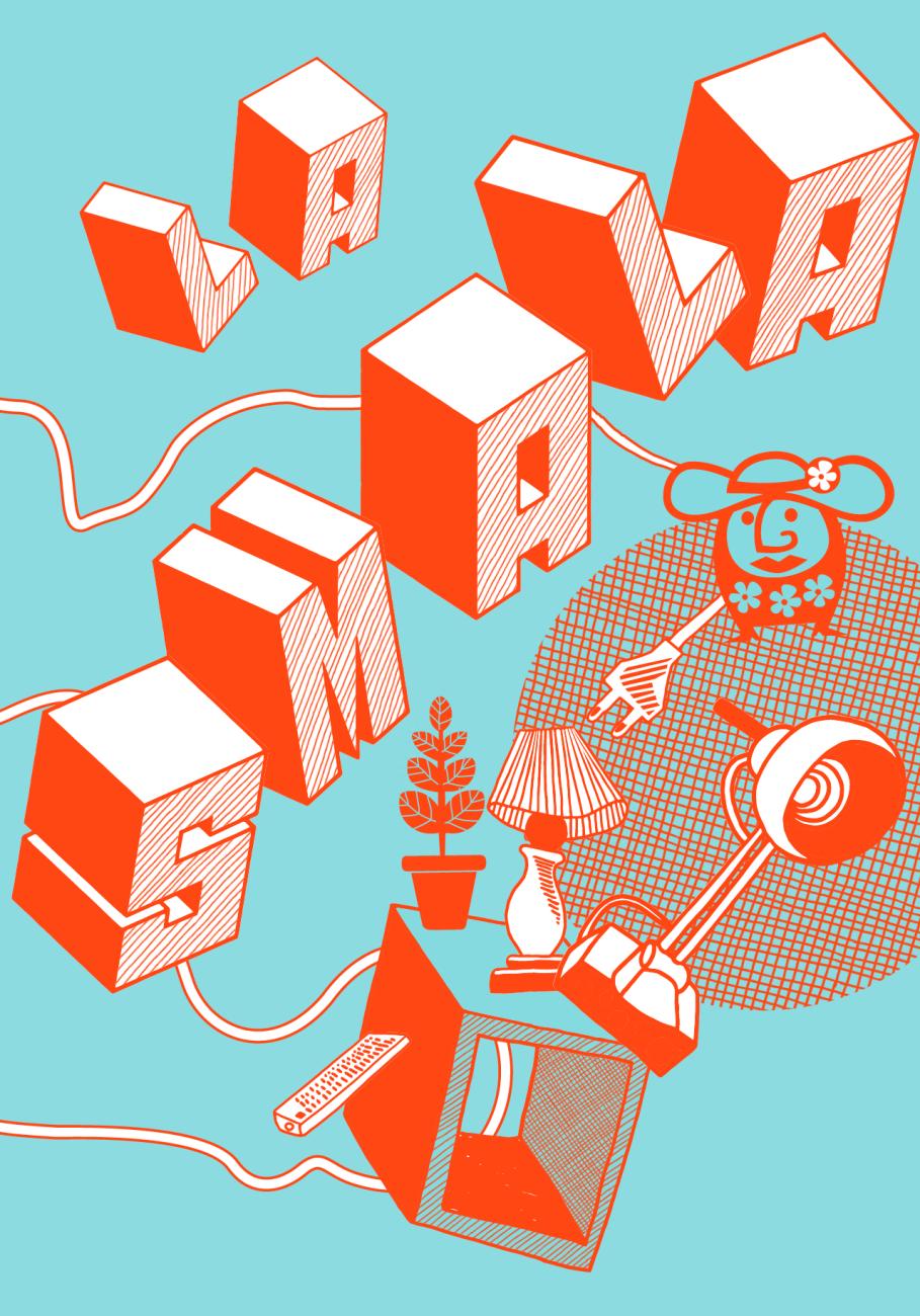 Descriptif de l'image : Affiche du théâtre des marionnettes de Genève pour le spectacle LA SMALA dont le titre est visible en grosses lettres qui ressemblent à du mobilier. plusieurs petites lampes à pied figurent au bas de l'image.