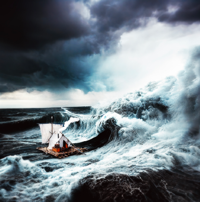 Sur une mer agitée par d'énormes vagues et sous un ciel orageux vogue un petit radeau avec une tente de fortune et une voile.