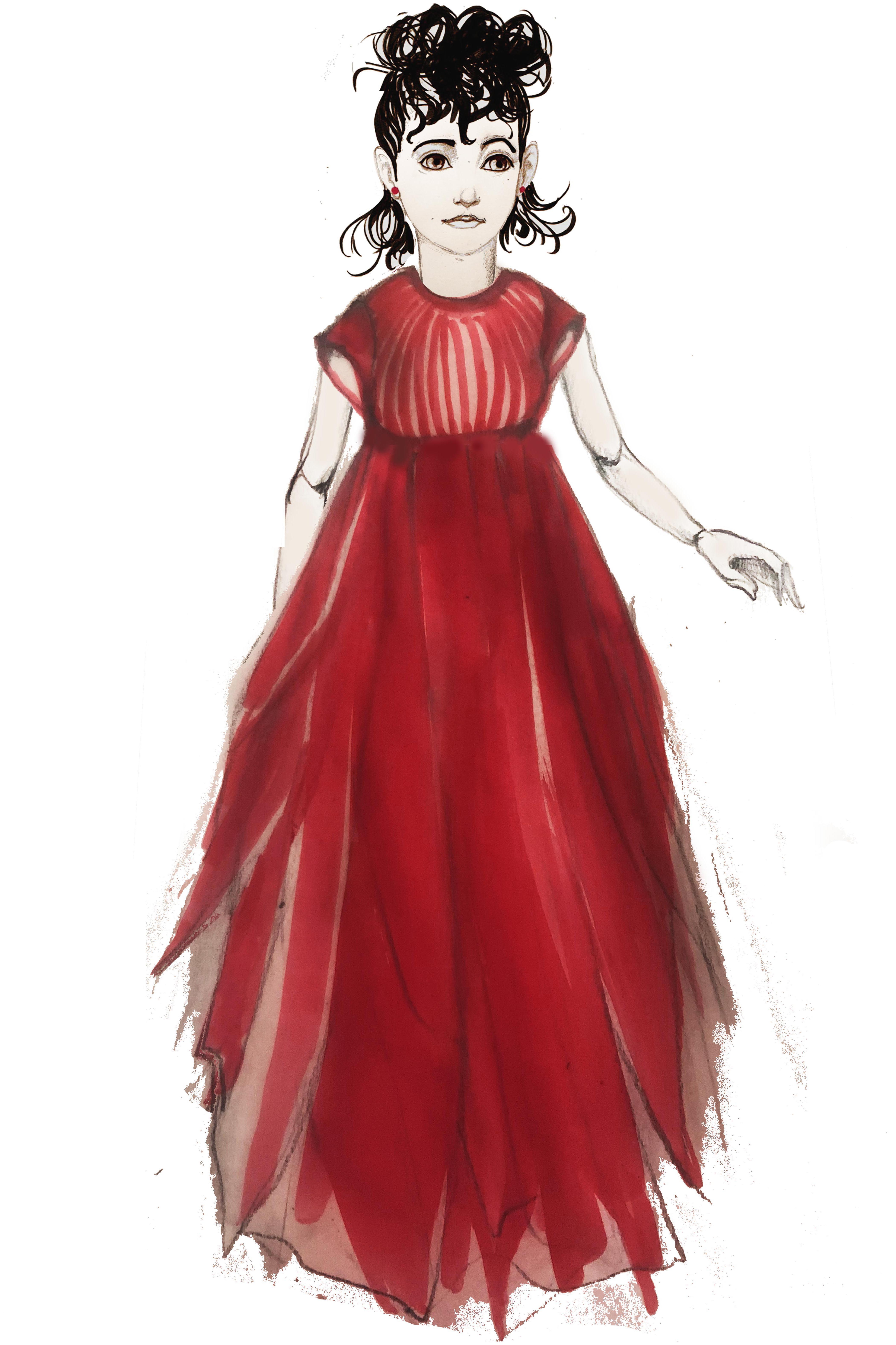 Dessin d'une petite danseuse portant une robe vaporeuse rouge. Elle est debout et plutôt statique. Seul son bras gauche est légèrement relevé.