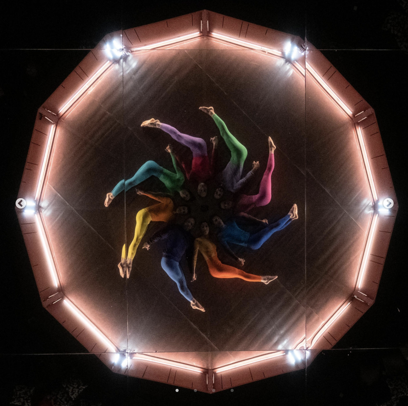 L'image ressemble à ce qu'on peut observer à travers un kaléidoscope. au Centre les jambes de différentes couleur des danseurs forment comme une hélice. Cette photo est prise depuis le dessus.