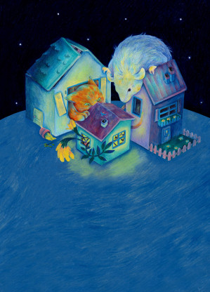 3 maisons colorées sont regroupées. A le fenêtre de la maison de gauche on voit un chat roux, sur le toit de la maison de droite une grosse souris est perchée. Tous deux observent la petite maison placée au centre.