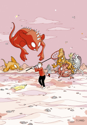 Illustration du spectacle: Dans un paysage lunaire teinté de rose on voit au centre de l'image un garçon armé d'une sorte de filet à papillon dans lequel il a attrapé plusieurs monstres de formes et de couleurs différentes. Il fait face à un gros monstre rouge volant en dessus de lui